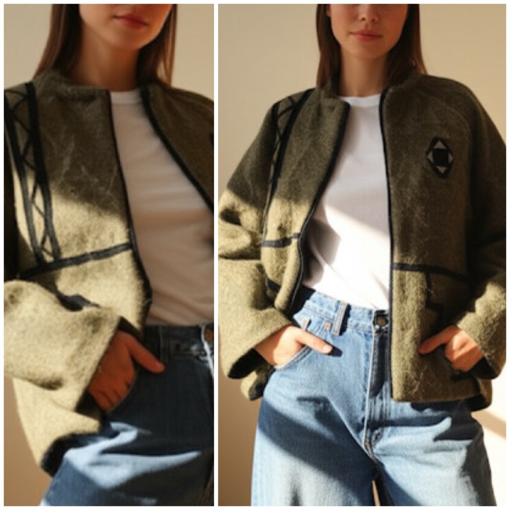 Vintage 80s Canadian Green Wool Mohair Artistic Bohemian Funky Appliqué Coat